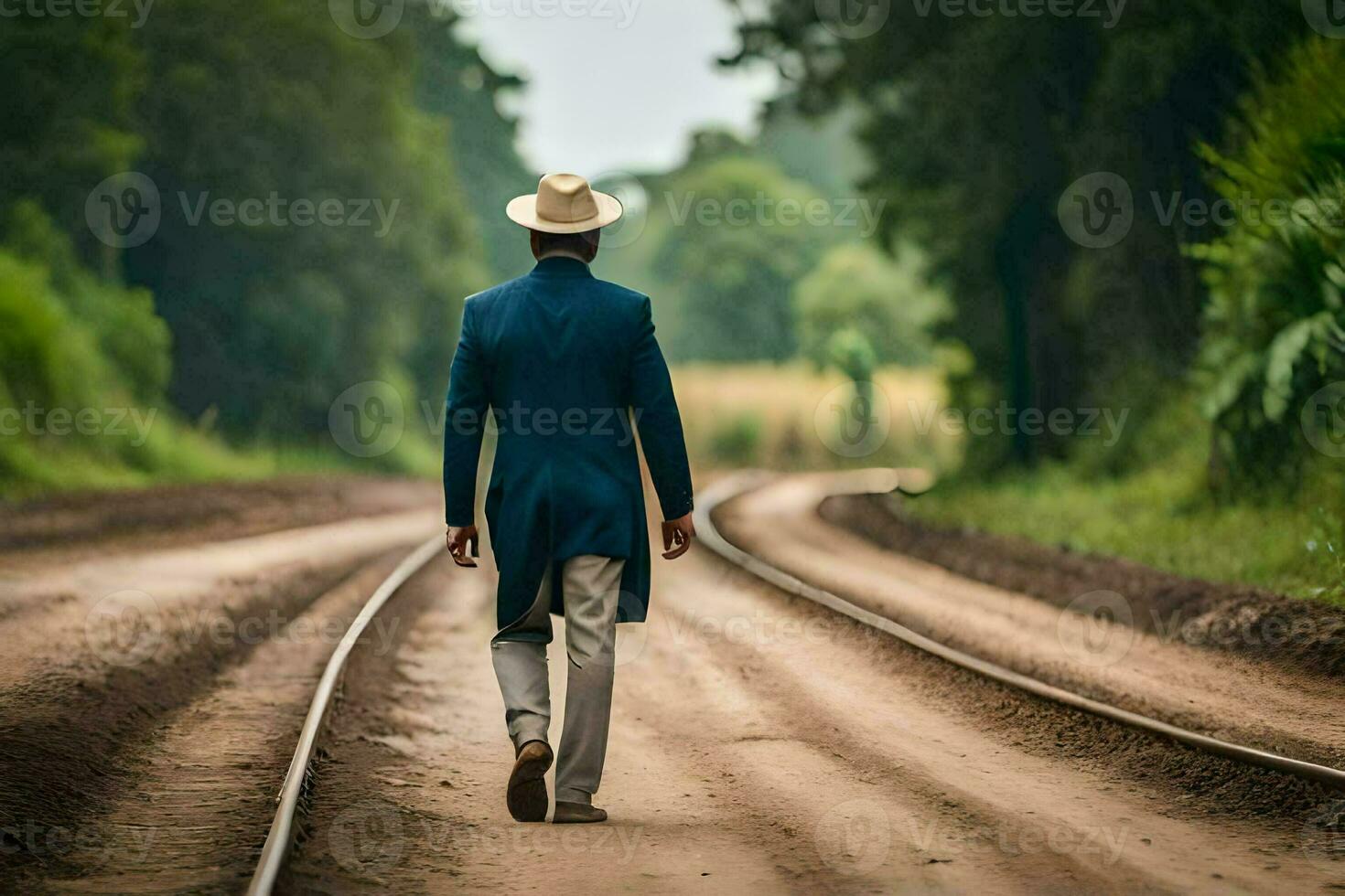 a man in a suit and hat walks down a train track. AI-Generated photo