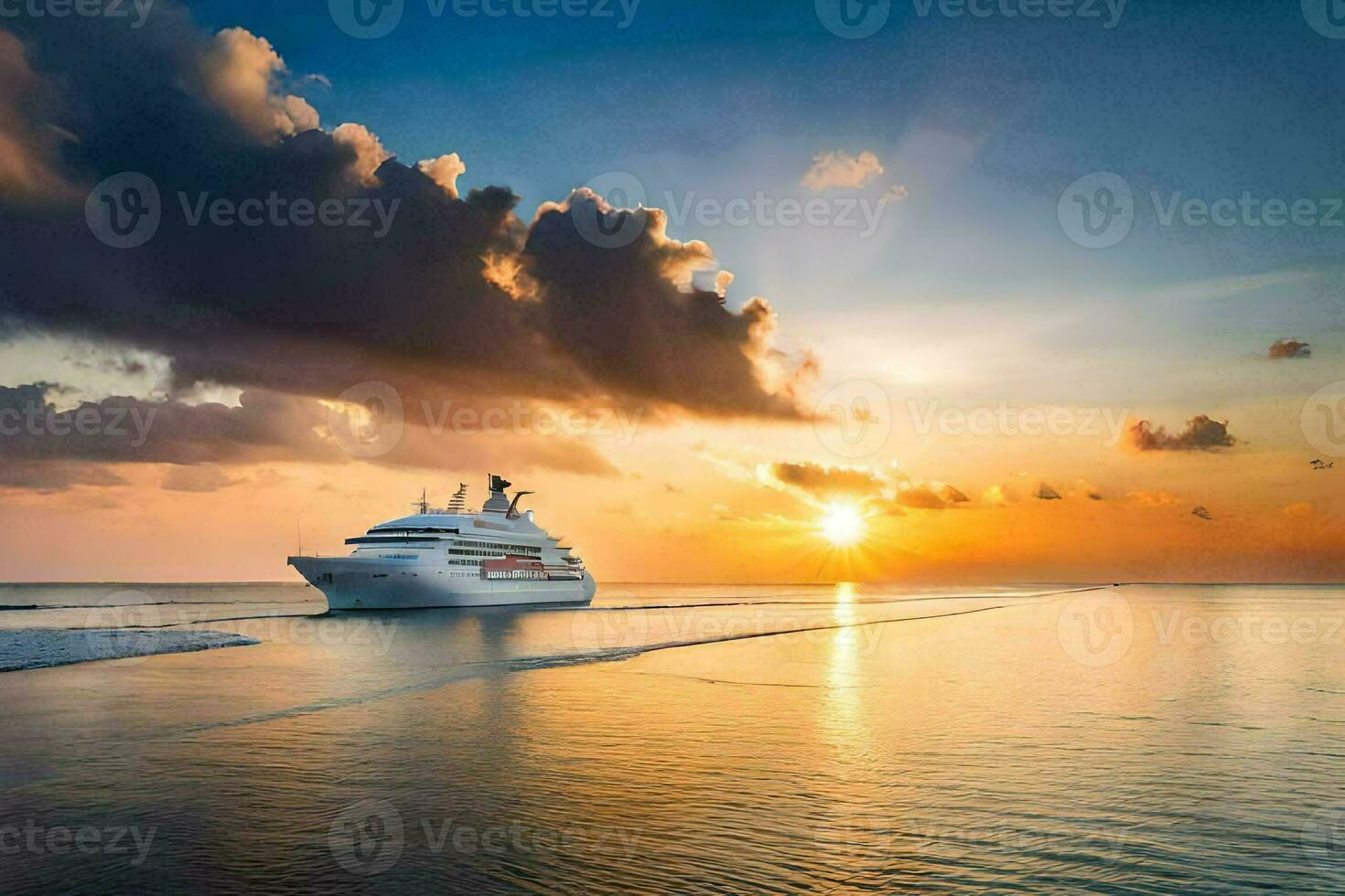 un crucero Embarcacion en el Oceano a puesta de sol. generado por ai foto