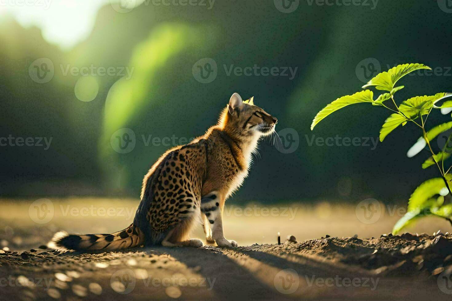 a cat is sitting on the ground near a plant. AI-Generated photo