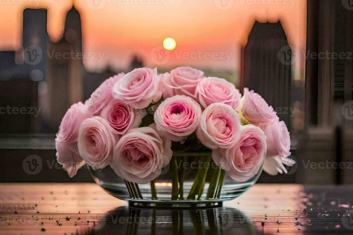 a vase of pink roses on a table with a city in the background. AI-Generated photo