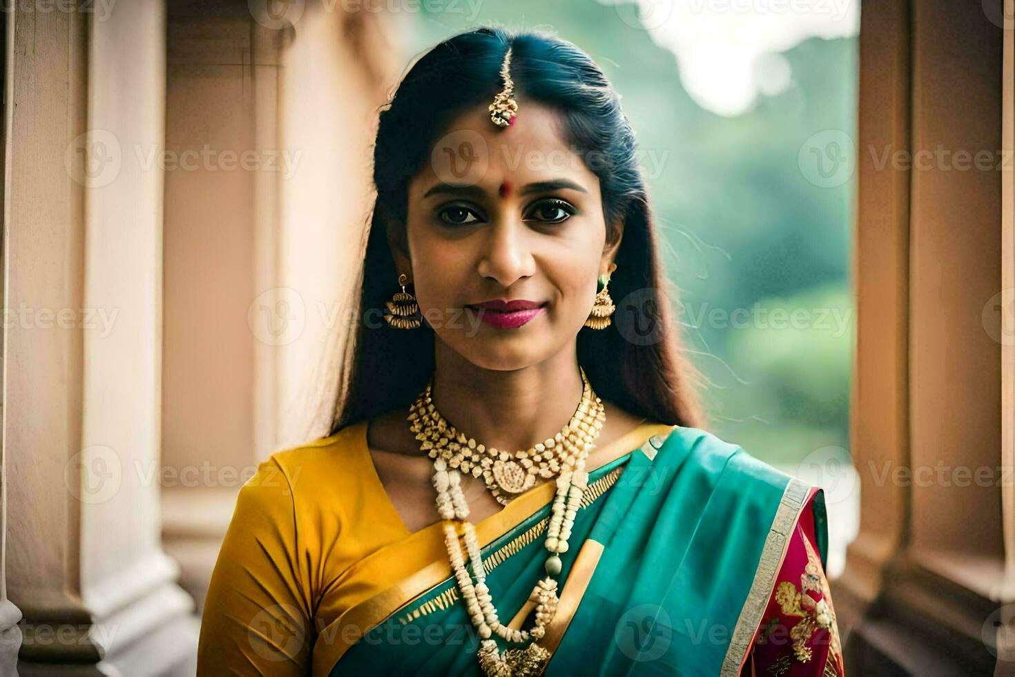 a beautiful indian woman wearing a traditional sari. AI-Generated photo