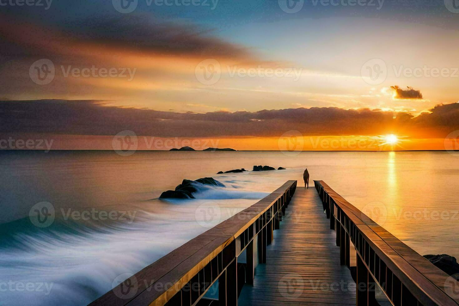 a wooden pier with the sun setting over the ocean. AI-Generated photo