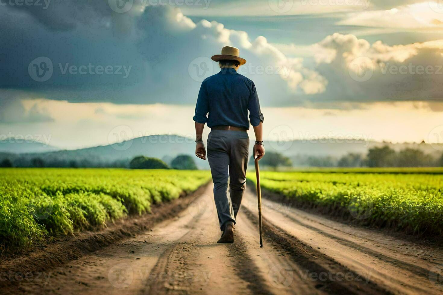 a man walking on a dirt road in a field. AI-Generated photo