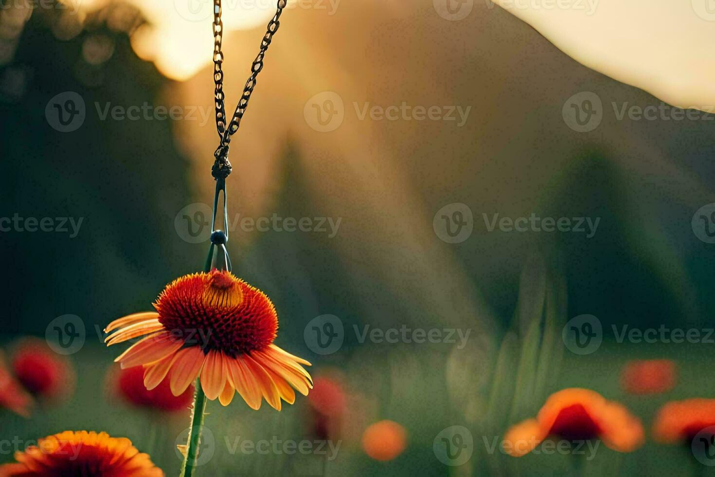 a necklace hanging from a flower in the sun. AI-Generated photo