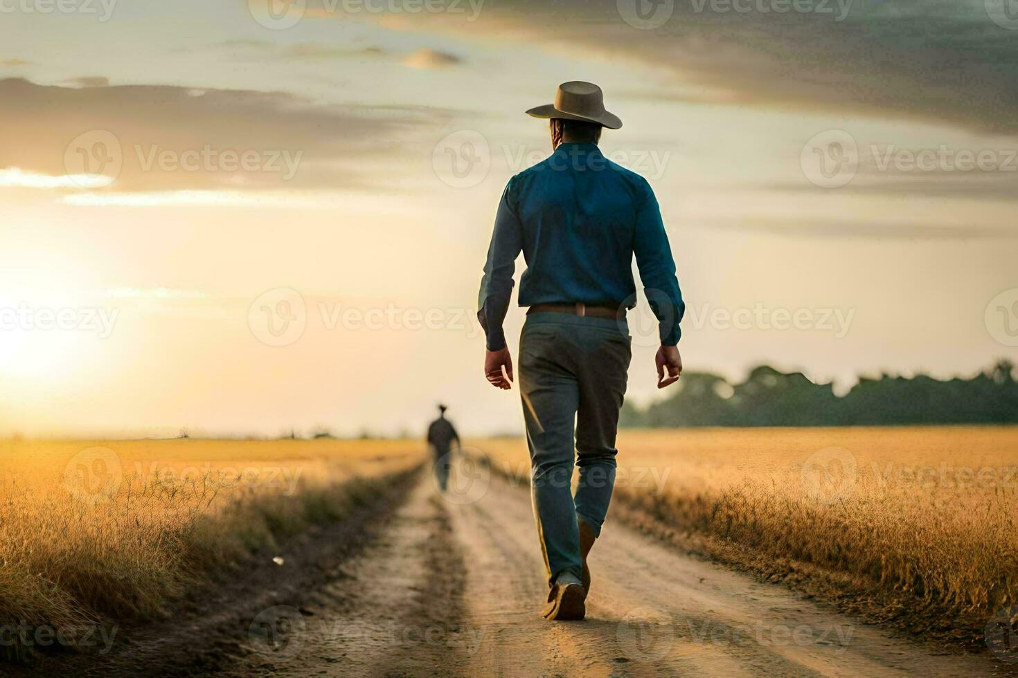 un hombre en un vaquero sombrero camina abajo un suciedad la carretera. generado por ai foto