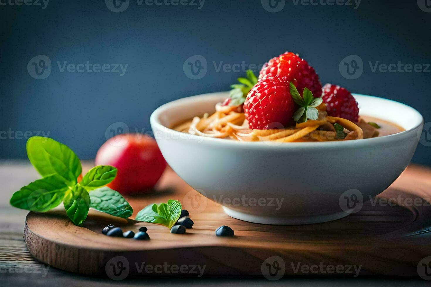 a bowl of pasta with strawberries and mint leaves on a wooden table. AI-Generated photo