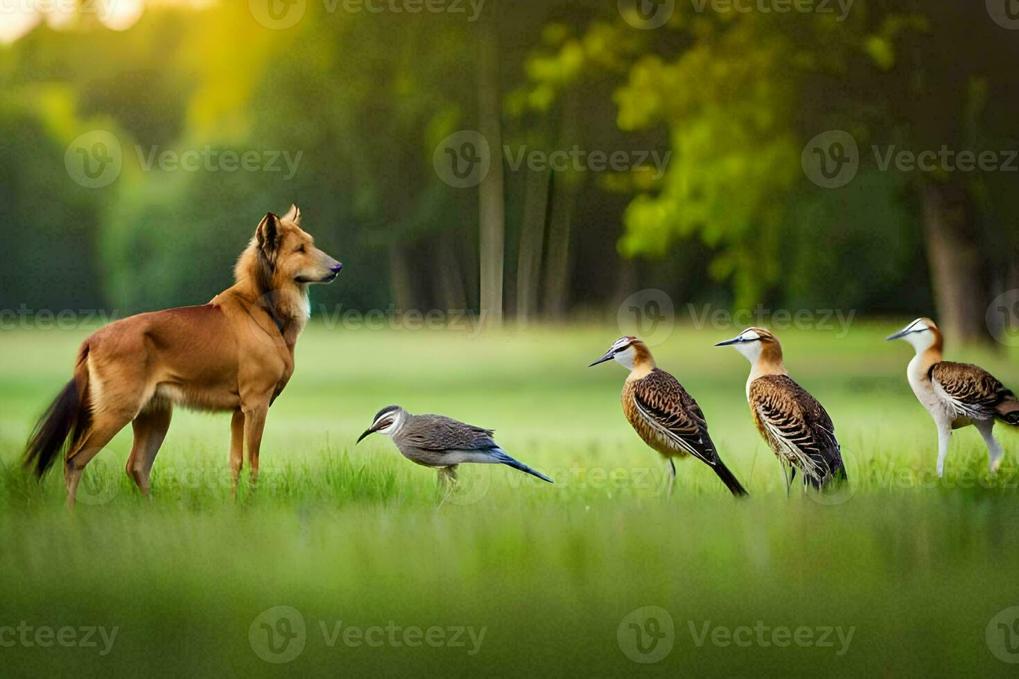 a dog and birds in a field. AI-Generated photo