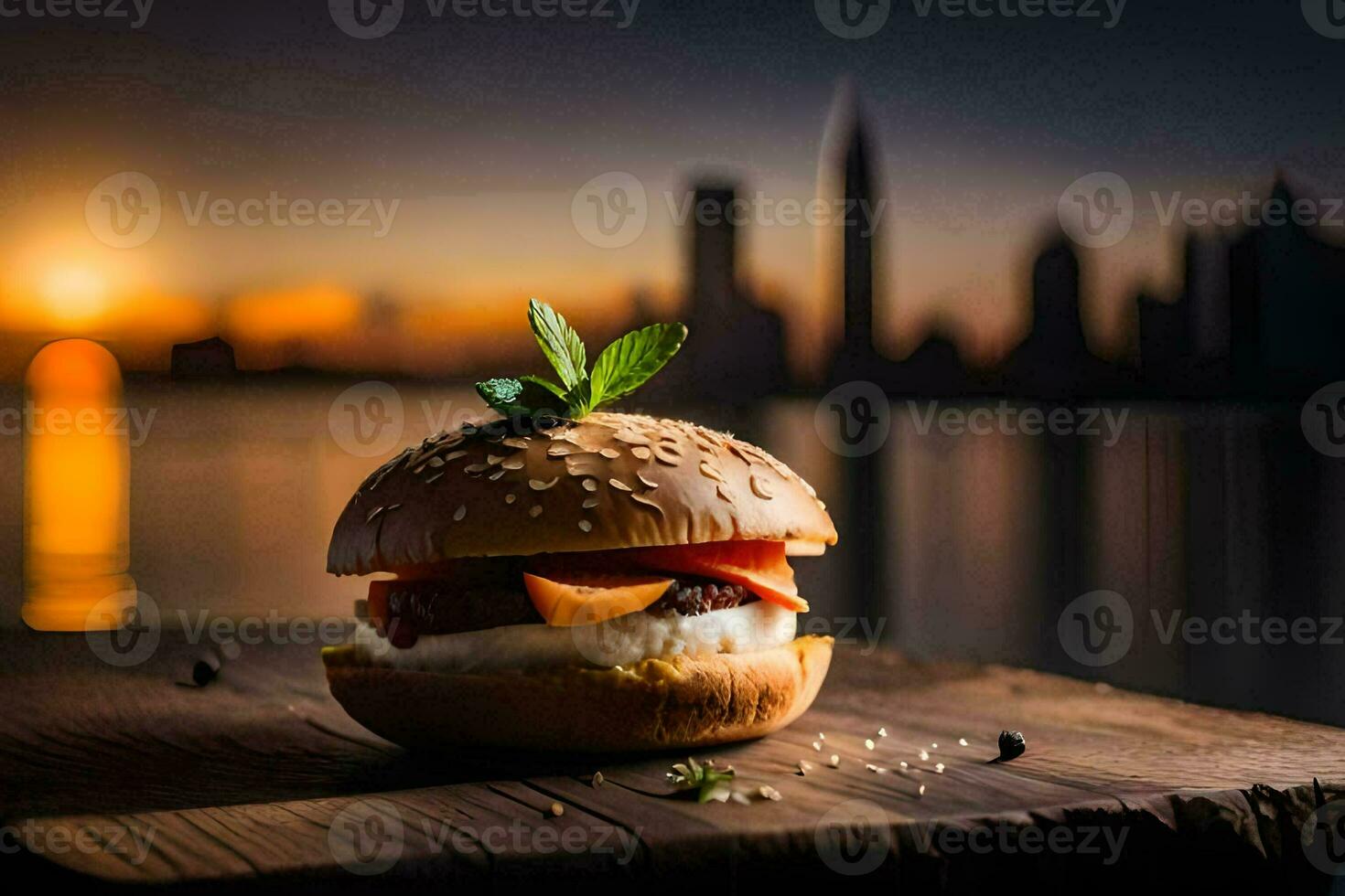 a hamburger with a sunset in the background. AI-Generated photo