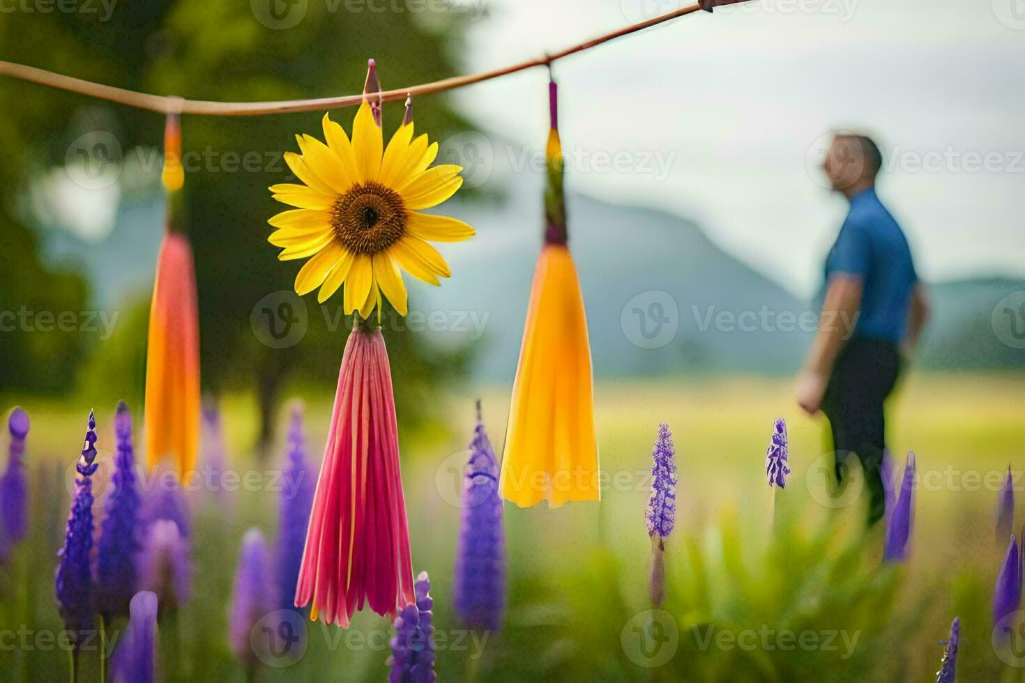 un hombre es en pie en frente de vistoso flores y un girasol. generado por ai foto