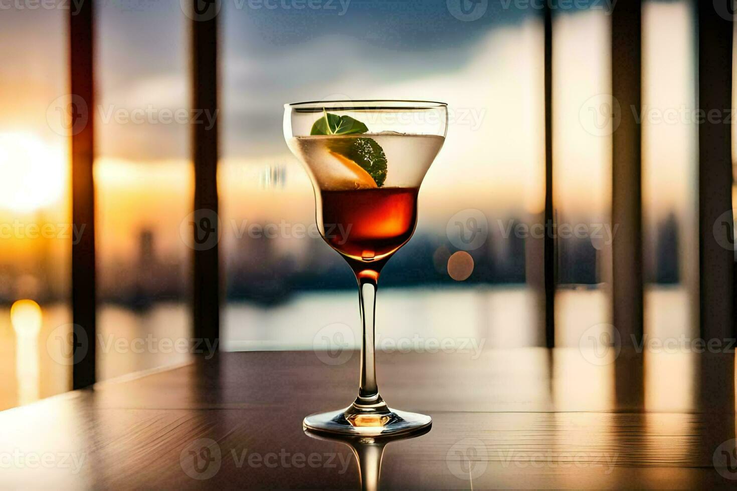 cocktail on the table with sunset view. AI-Generated photo