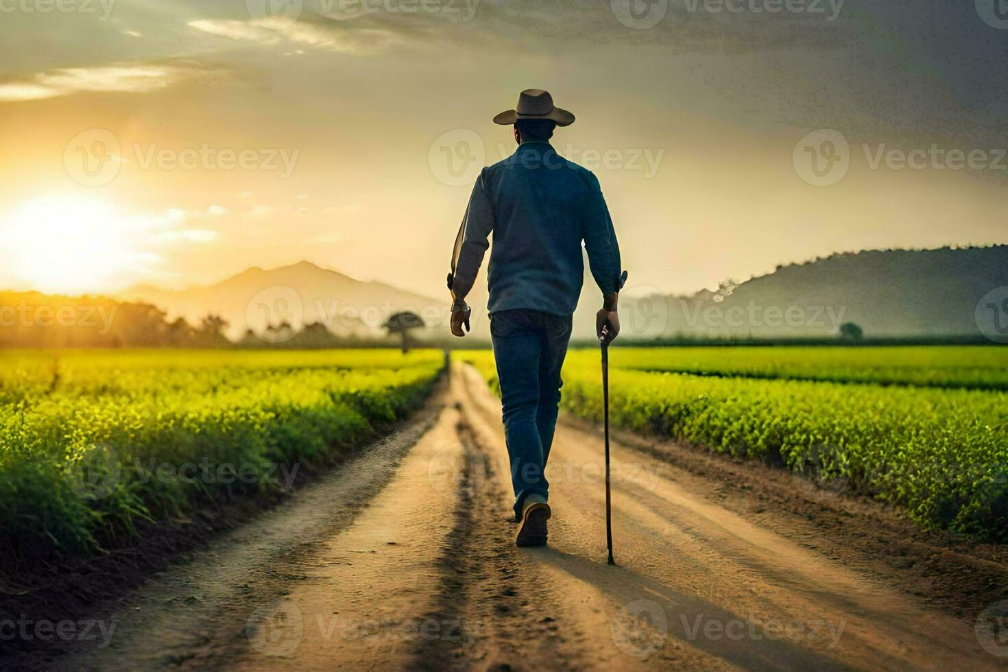 un hombre caminando abajo un suciedad la carretera en un campo. generado por ai foto