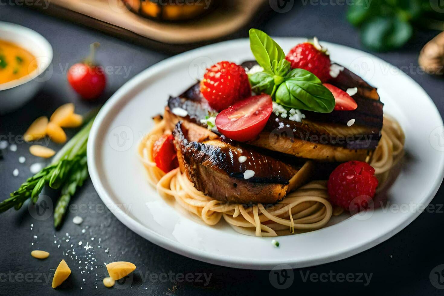 a plate with pasta, tomatoes and strawberries. AI-Generated photo