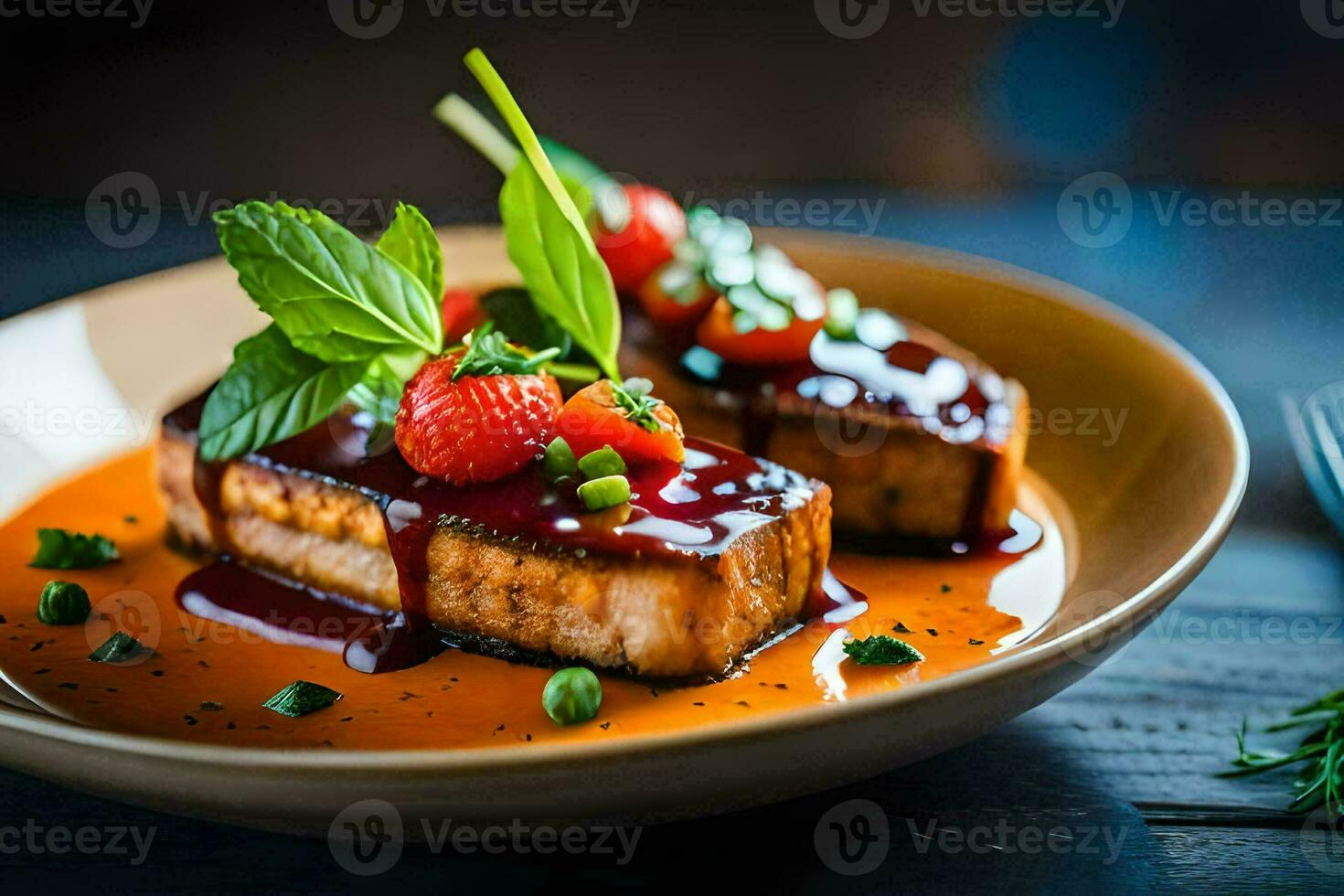 a plate of food with fish and sauce. AI-Generated photo