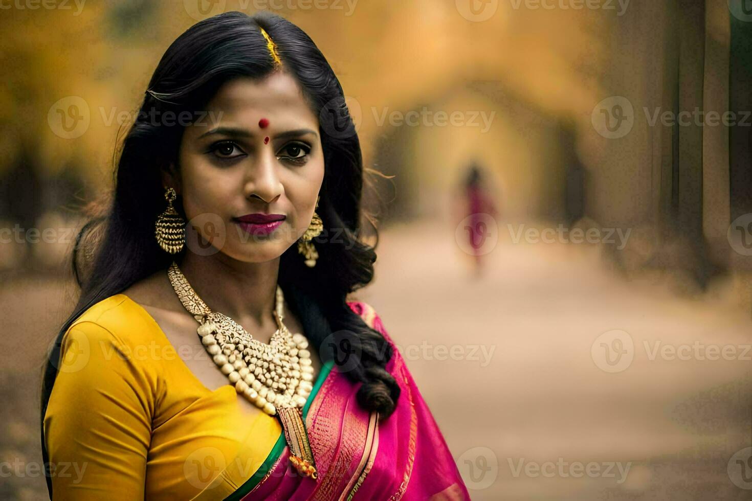 a woman in a pink sari with gold jewelry. AI-Generated photo