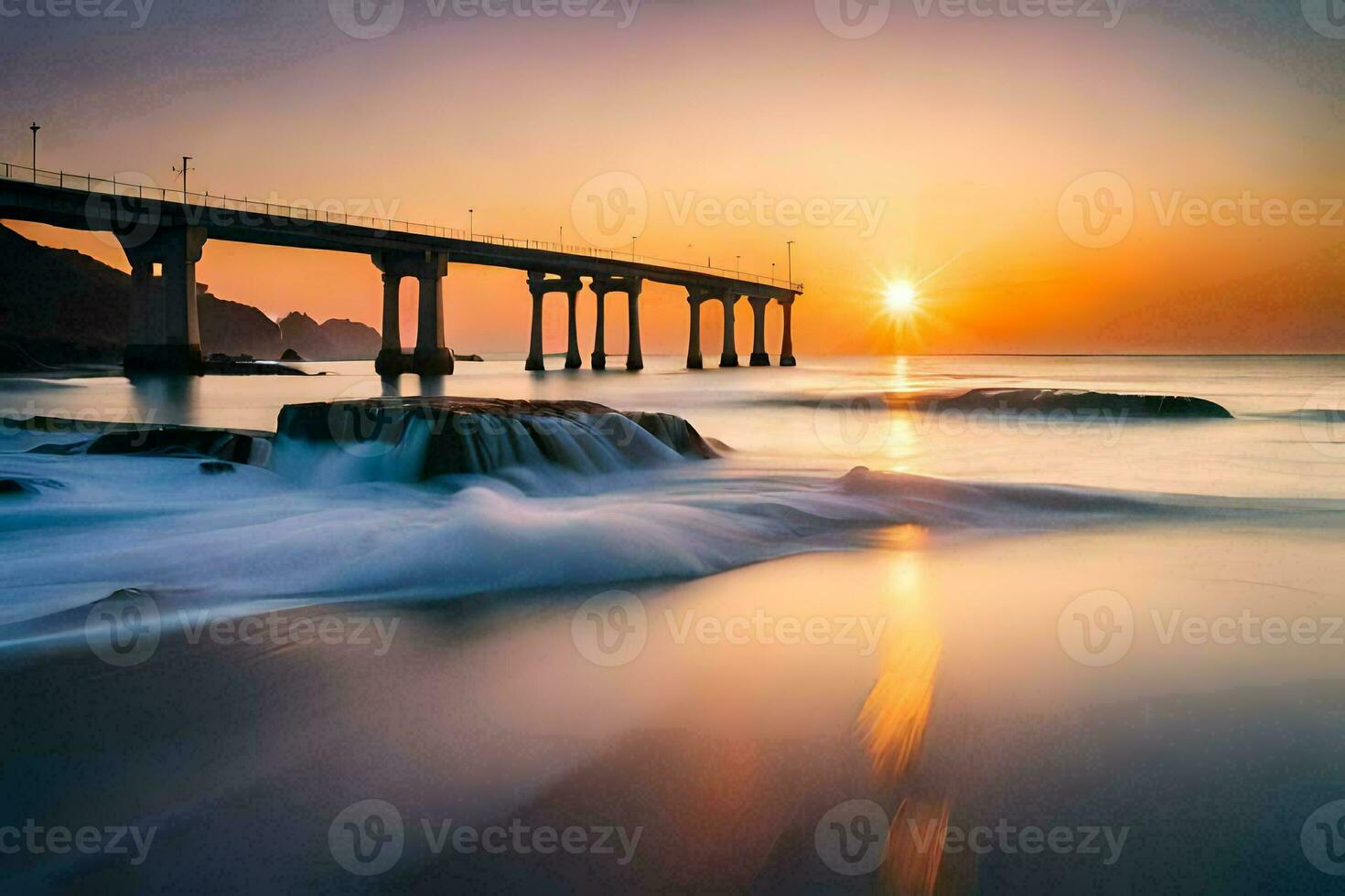 the sun sets over the ocean and a bridge. AI-Generated photo