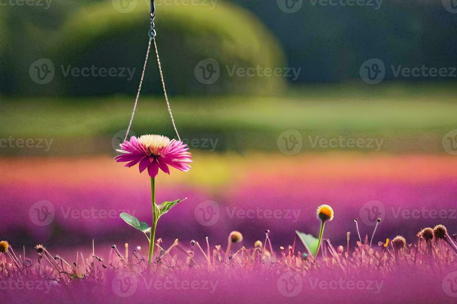 a purple flower hanging from a chain in a field. AI-Generated photo