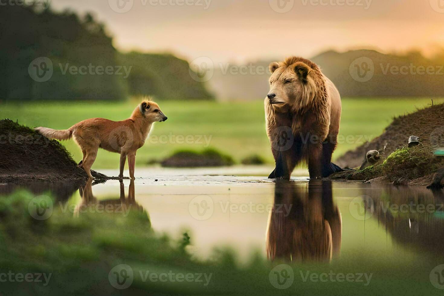 a lion and a dog standing in the water. AI-Generated photo