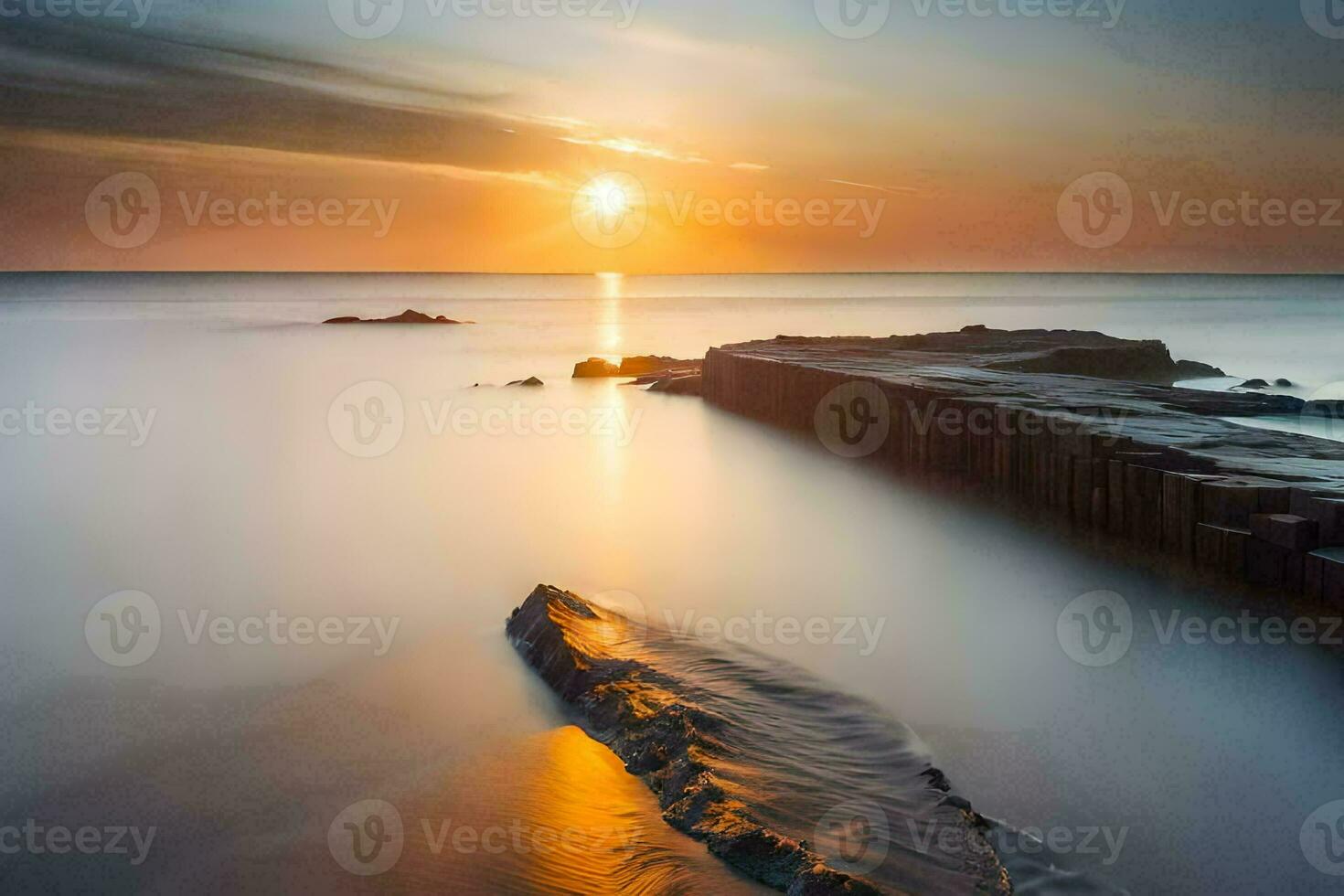 a long exposure photograph of the sun setting over the ocean. AI-Generated photo