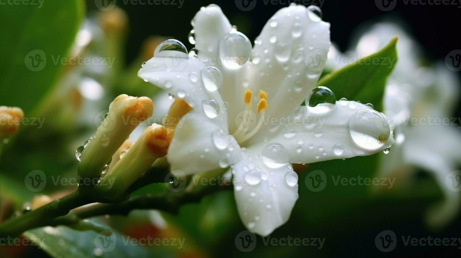Jasmine flower with raindrops on a green nature blurred background. White jasmine flower bloomed after rain. white flower closeup professional photography. AI Generated photo