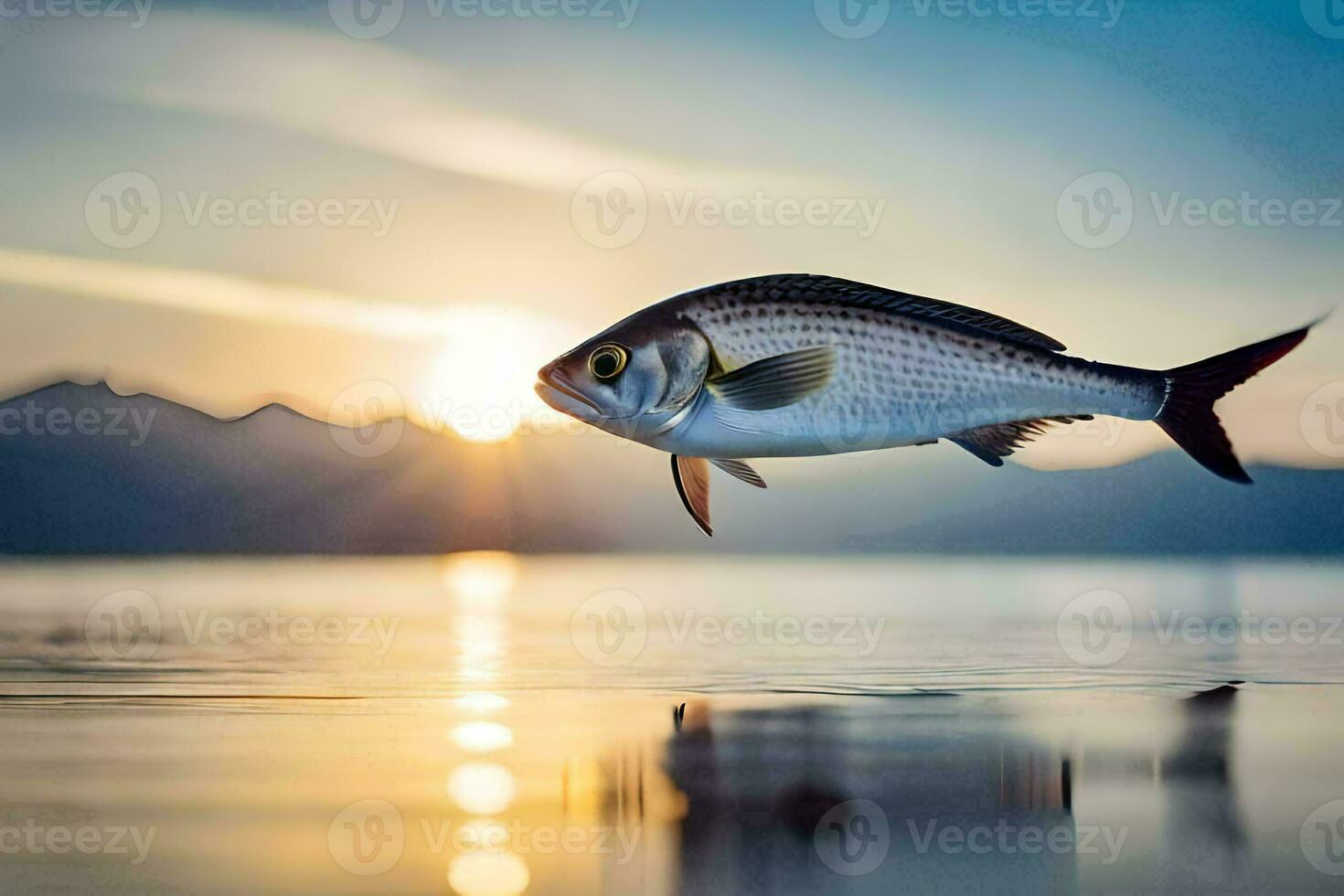 a fish is flying over the water at sunset. AI-Generated photo