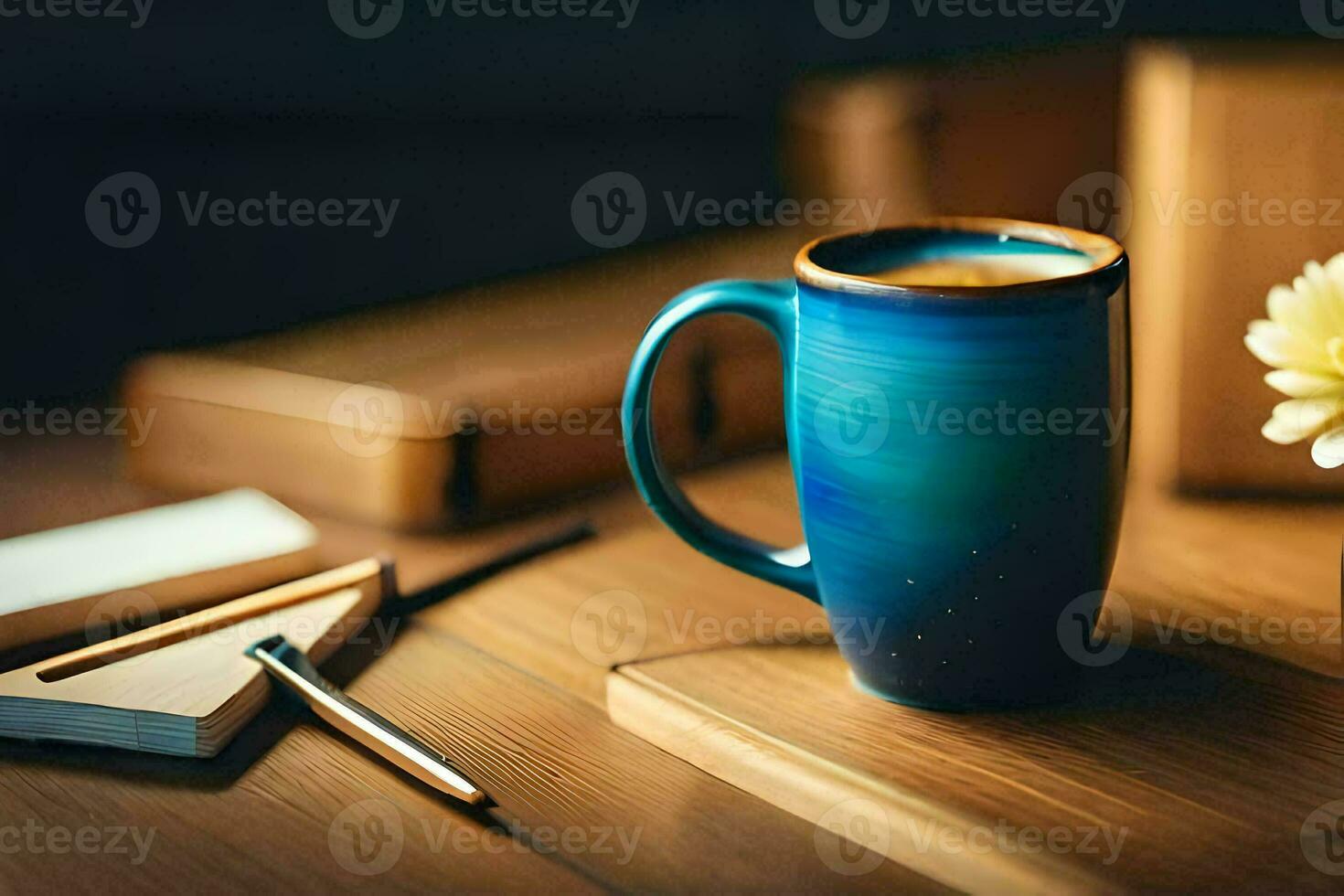 a cup of coffee on a desk. AI-Generated photo