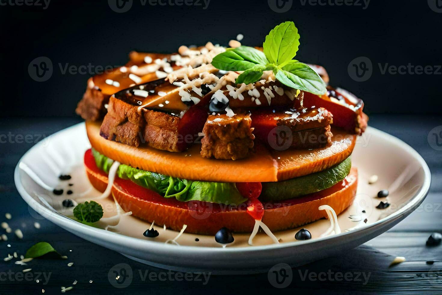 a sandwich with vegetables and sauce on top. AI-Generated photo