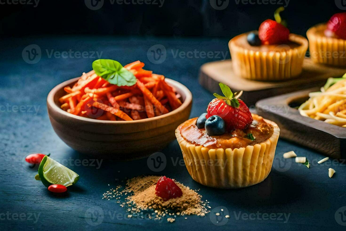 cupcakes with strawberries and blueberries on a table. AI-Generated photo