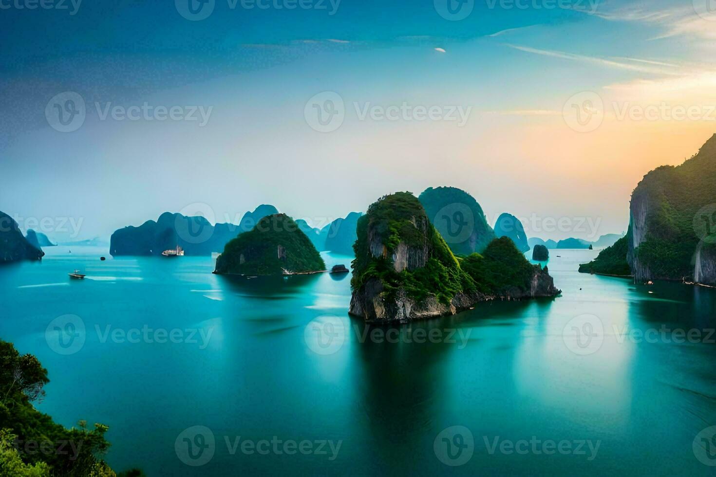 the sun sets over the water in halong bay, vietnam. AI-Generated photo