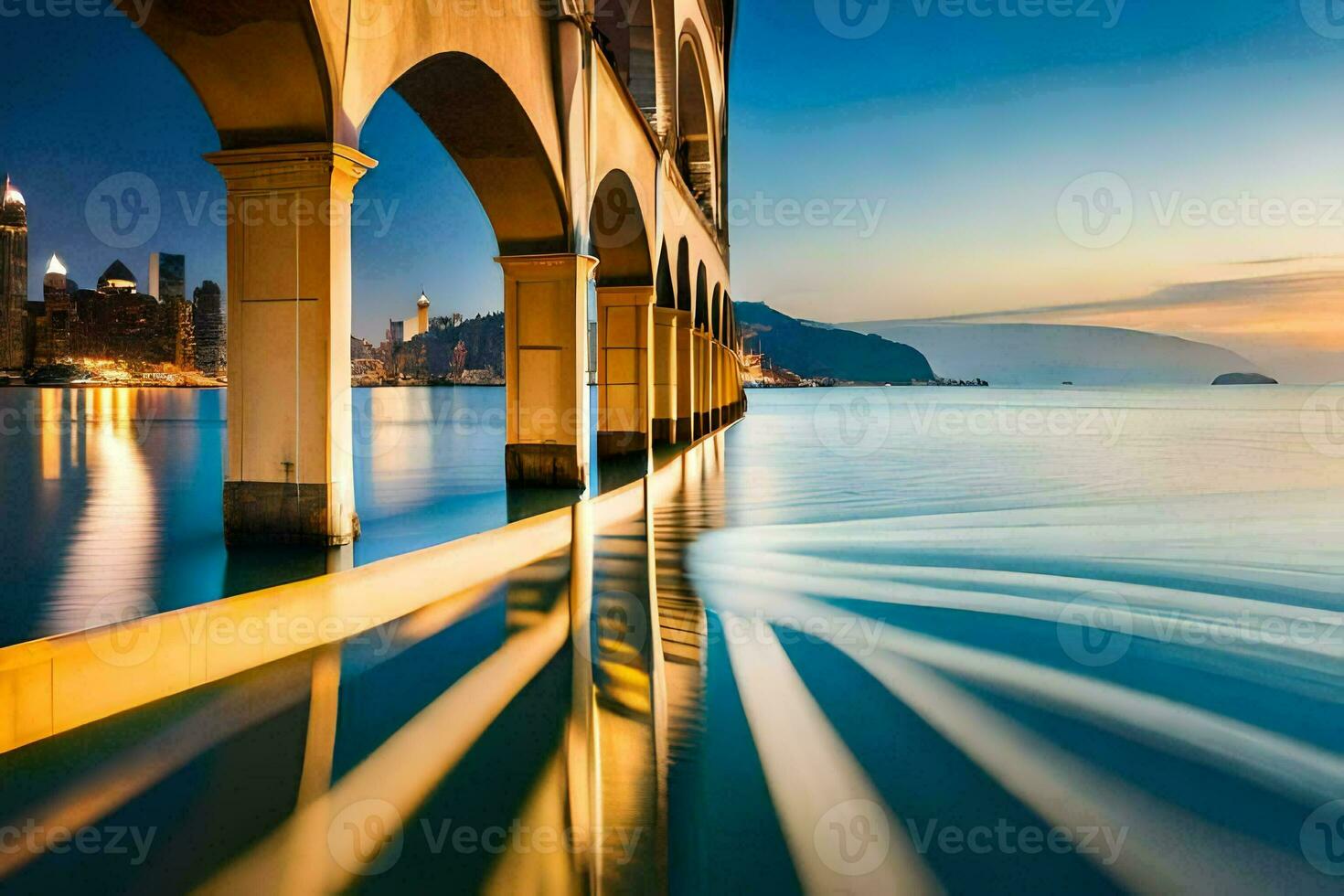 el puente a puesta de sol en hong Kong generado por ai foto