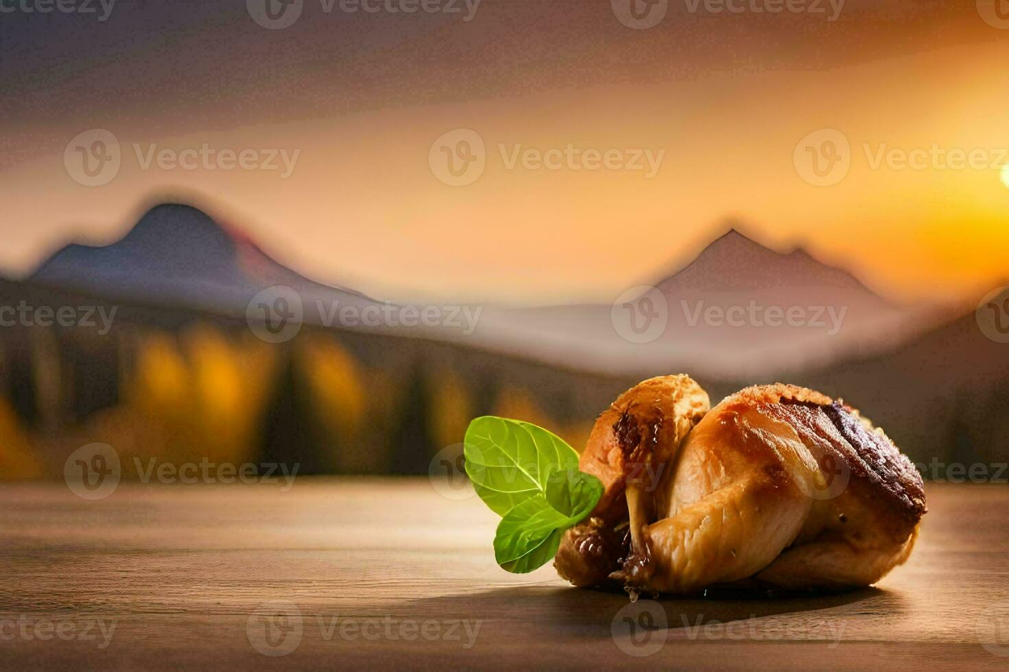 a pastry with leaves on top of a table in front of a mountain. AI-Generated photo