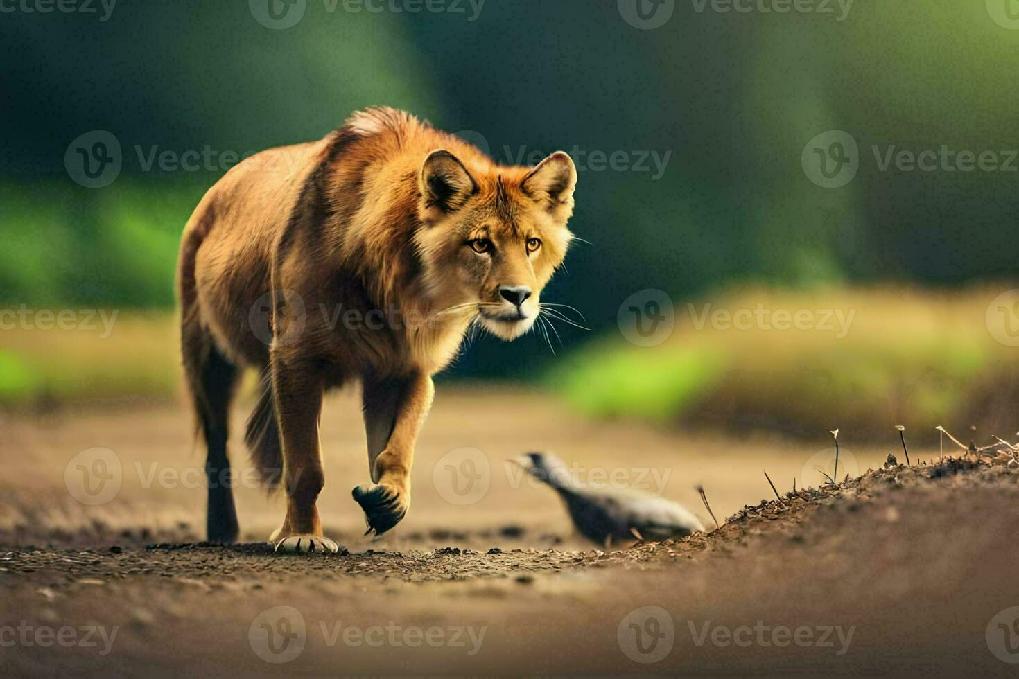 un león caminando en un suciedad la carretera con un ratón. generado por ai foto