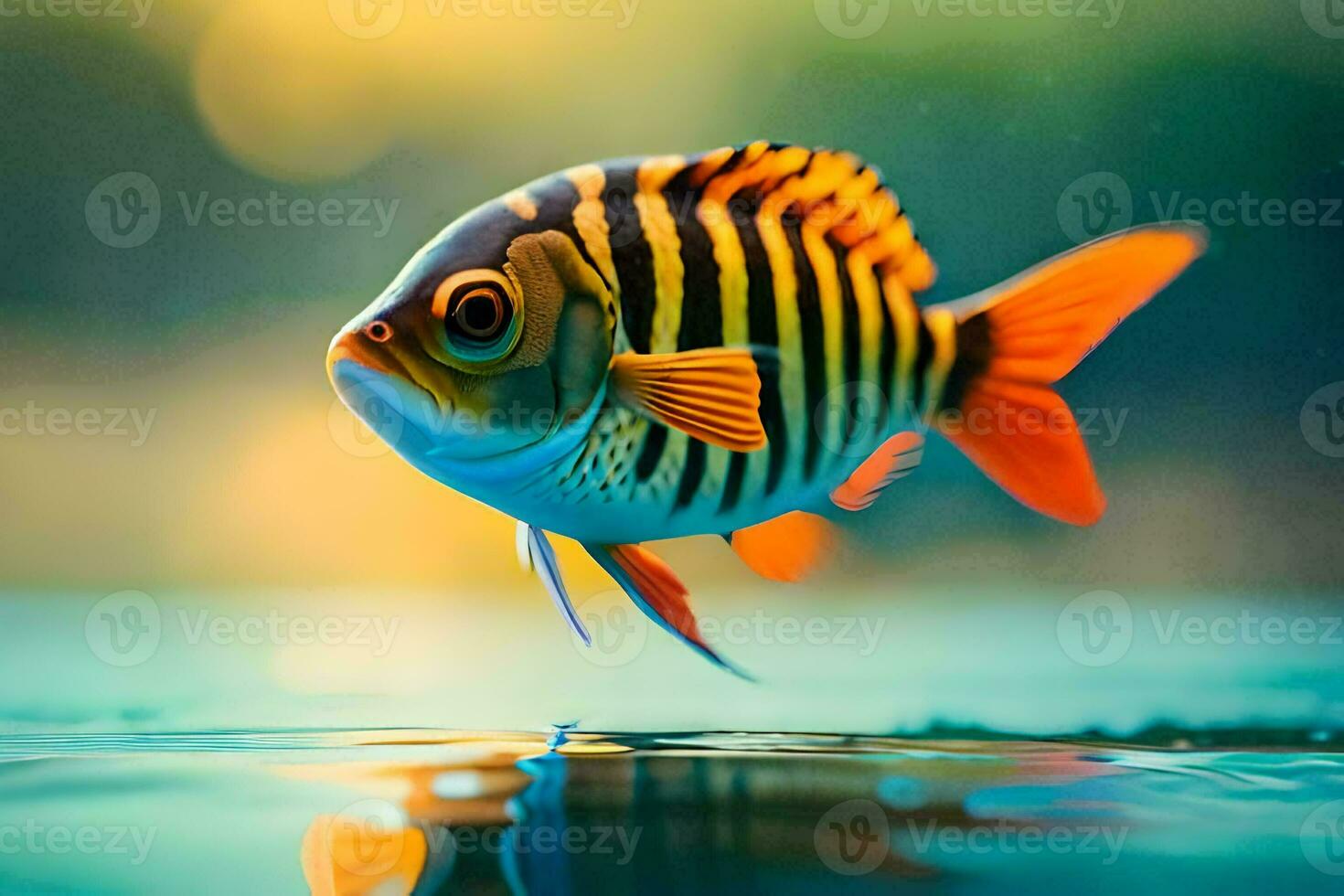 a fish with stripes on its body is floating in the water. AI-Generated photo