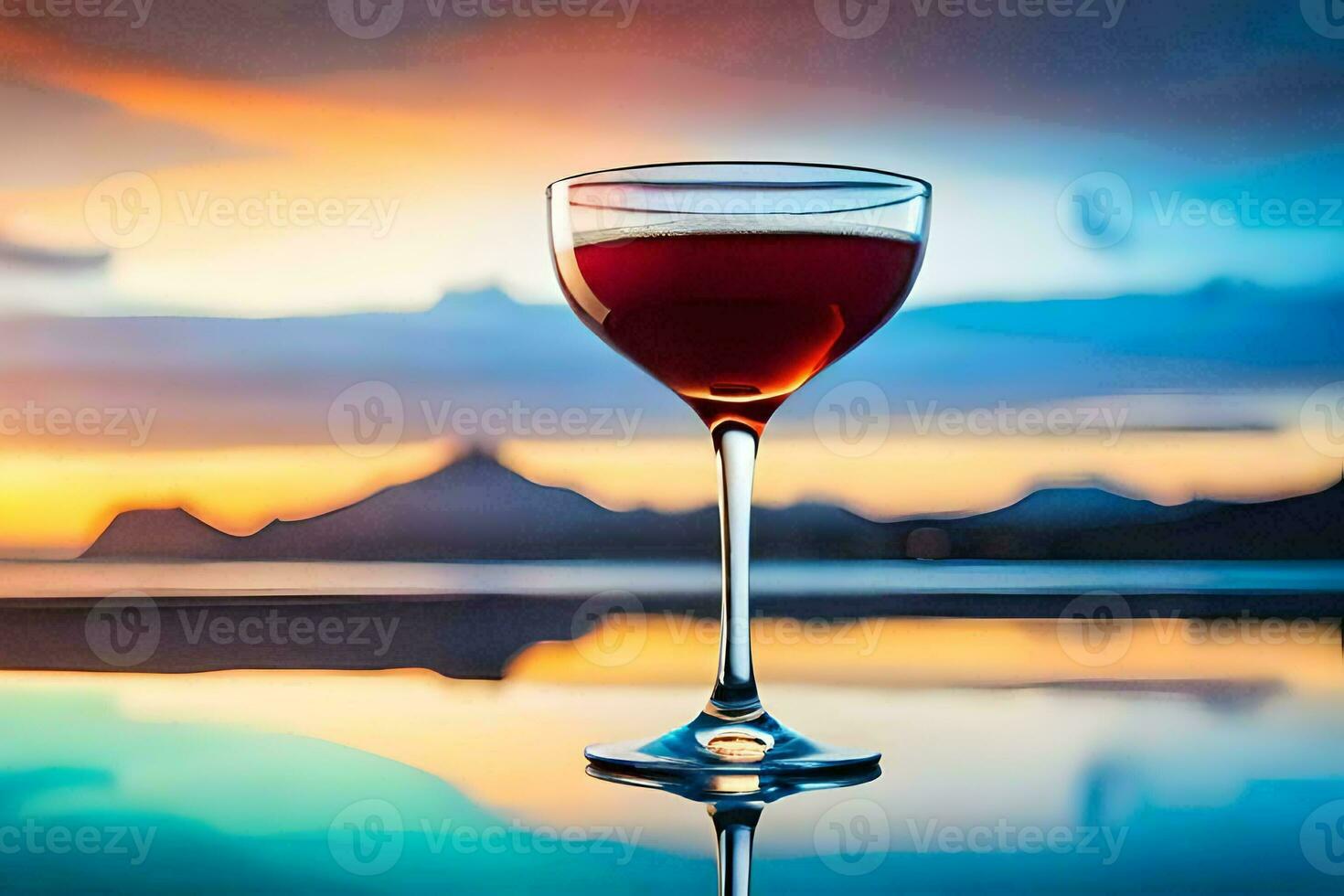 a glass of red wine on a table in front of a sunset. AI-Generated photo