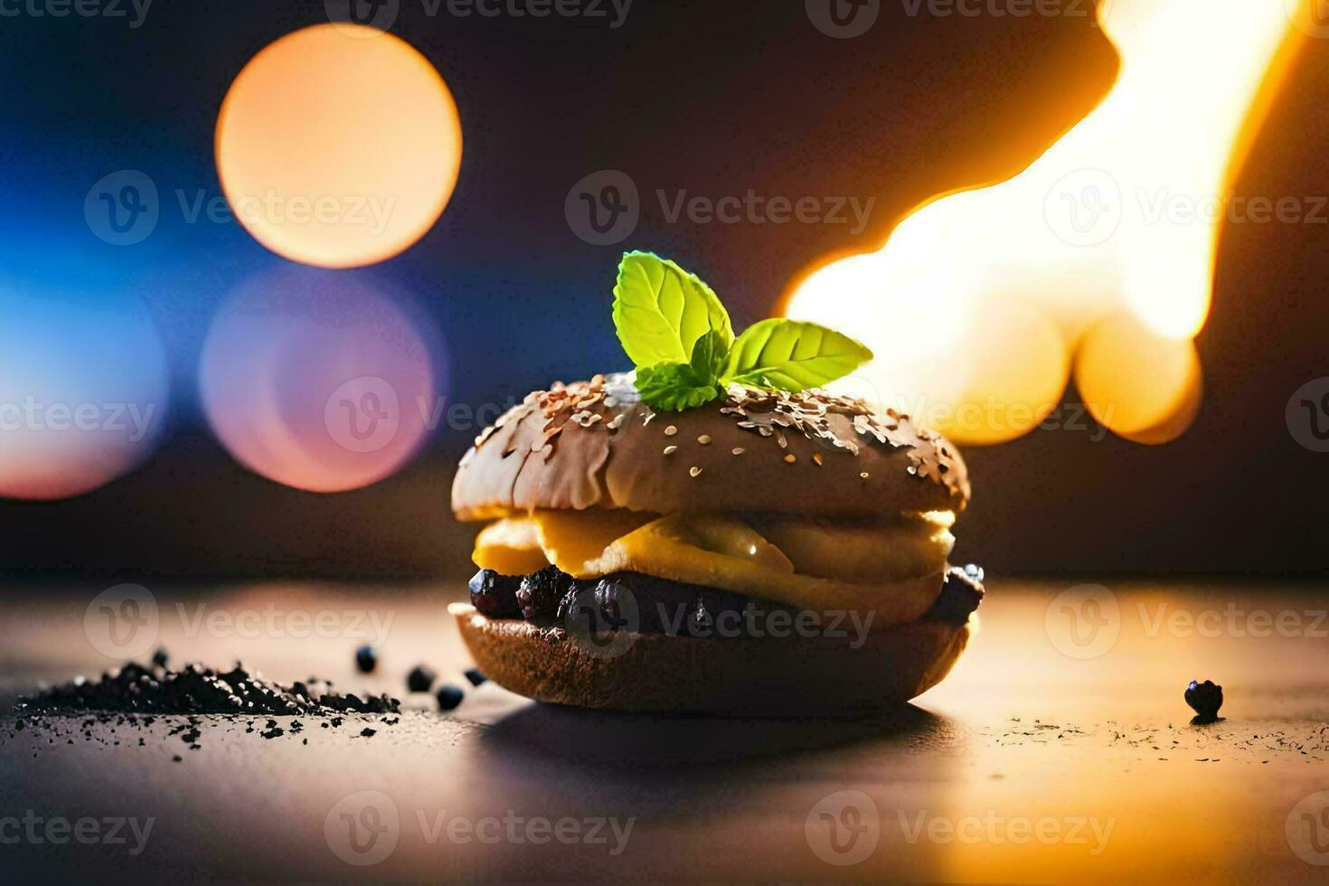 a hamburger with cheese and herbs on a table. AI-Generated photo