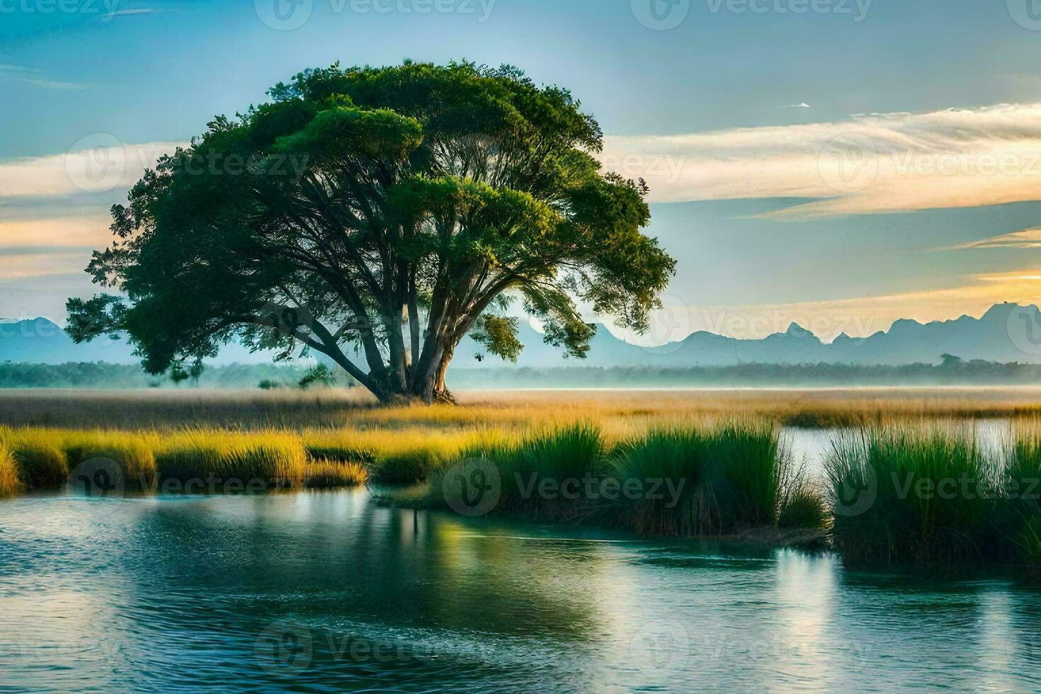 a tree stands in the middle of a river with mountains in the background. AI-Generated photo