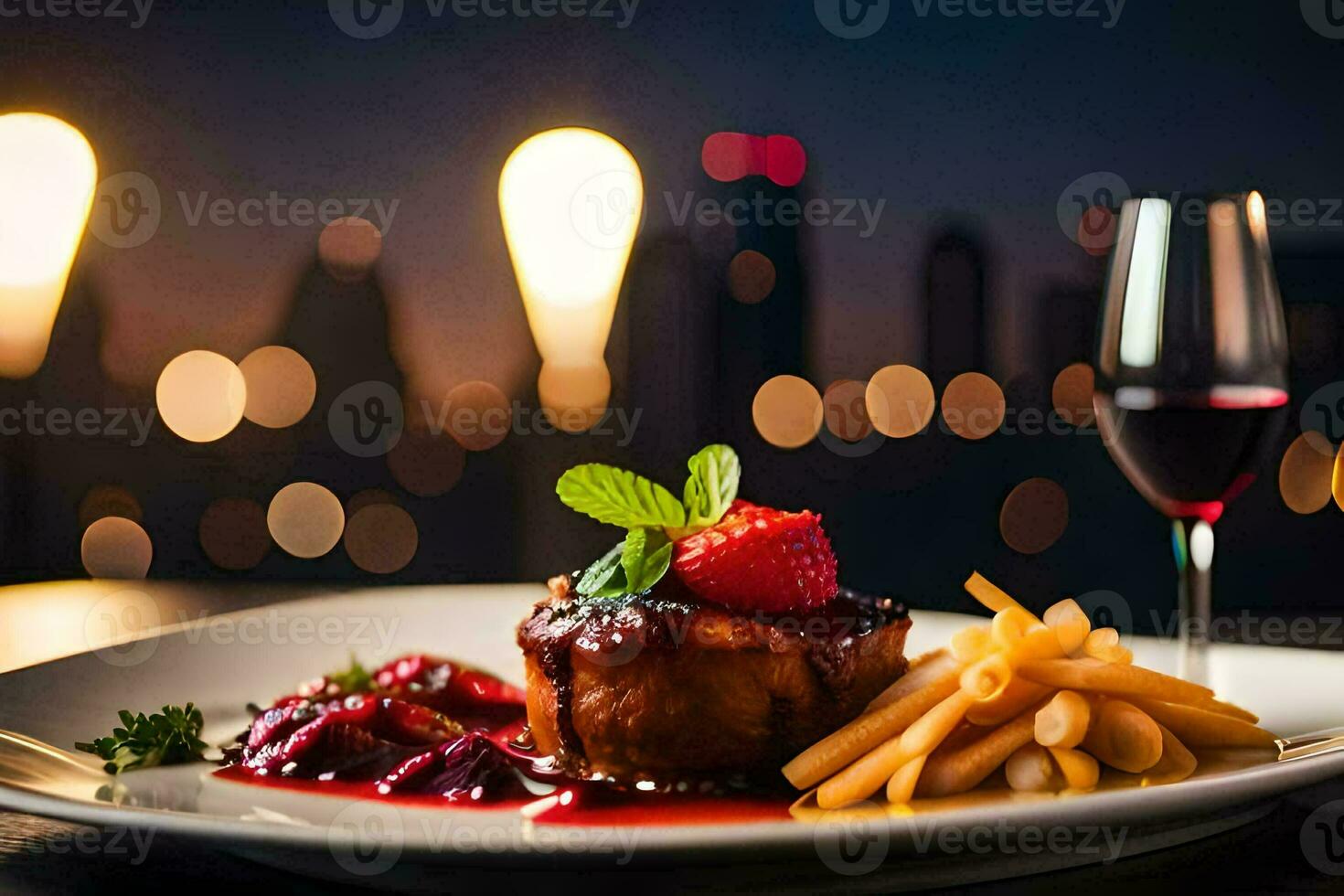 a plate of food with fries and strawberries on a table. AI-Generated photo