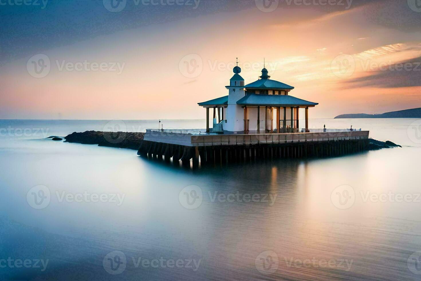 a lighthouse sits on the shore of the ocean. AI-Generated photo