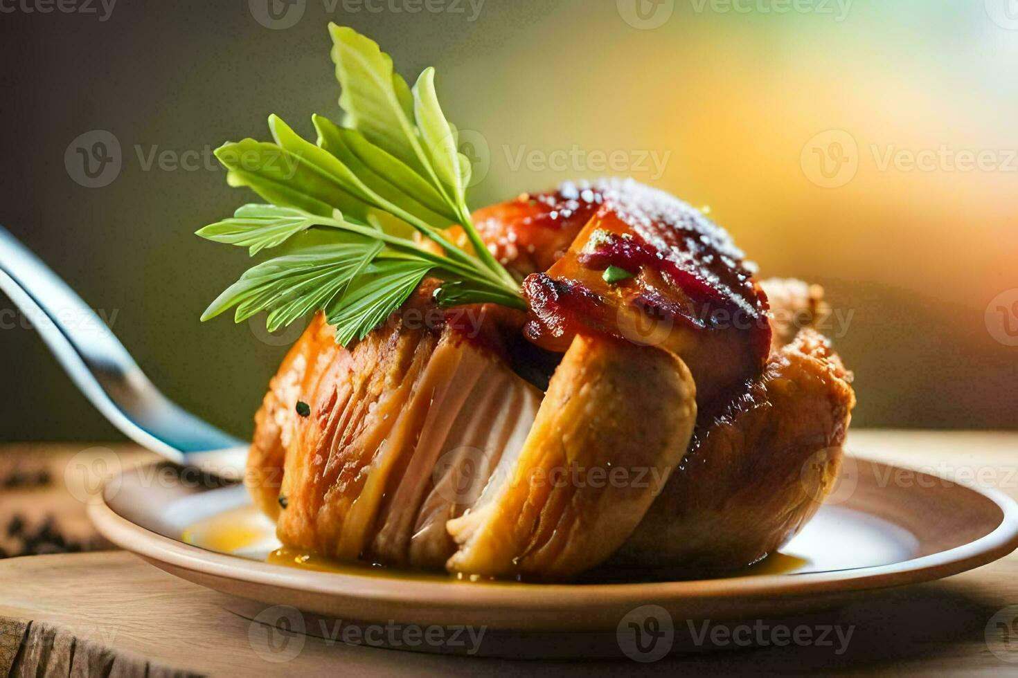 a plate with a chicken wrapped in bacon and sauce. AI-Generated photo