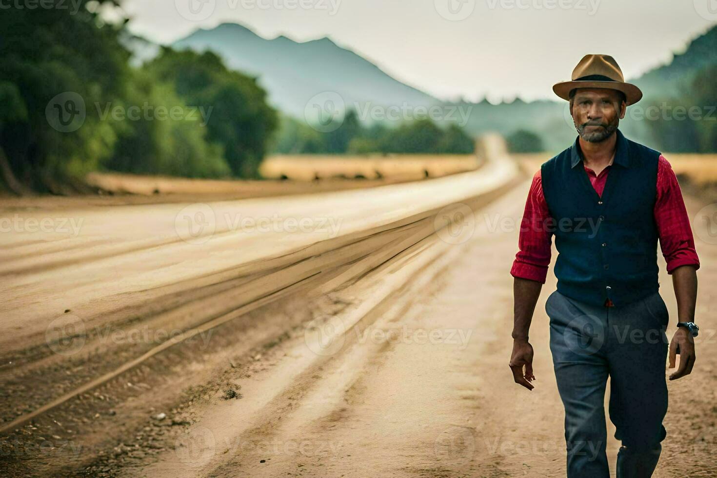a man in a hat and vest walking down a dirt road. AI-Generated photo