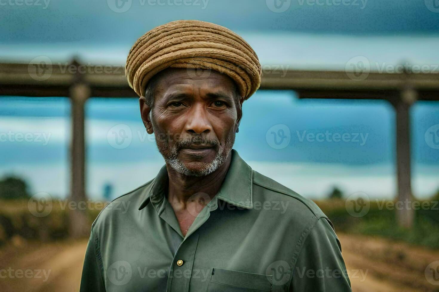 a man in a turban stands in front of a bridge. AI-Generated photo