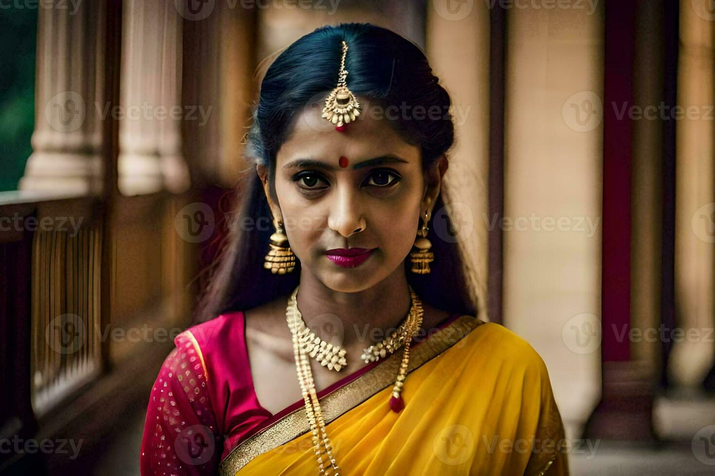 a beautiful indian woman wearing a yellow sari. AI-Generated photo