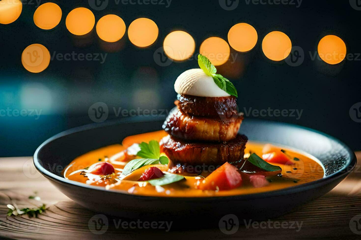 a plate of food with meat and vegetables. AI-Generated photo