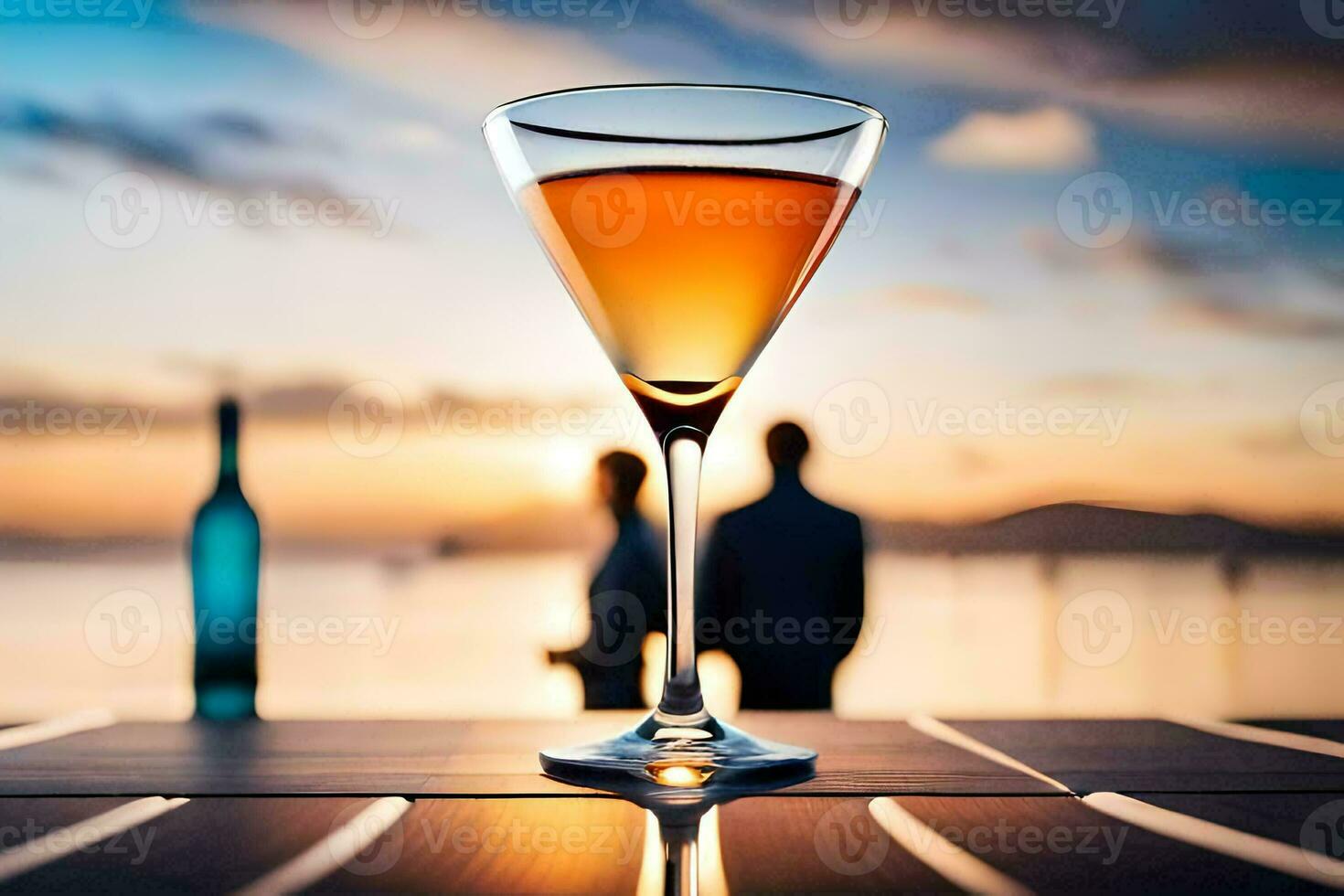 a glass of wine on a table with a sunset in the background. AI-Generated photo