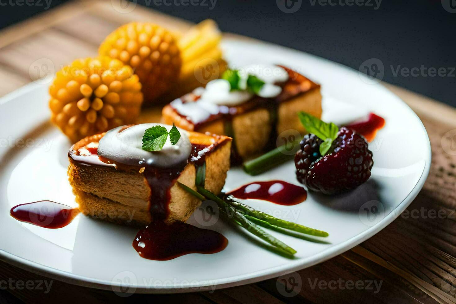 a plate with a slice of cake and berries. AI-Generated photo