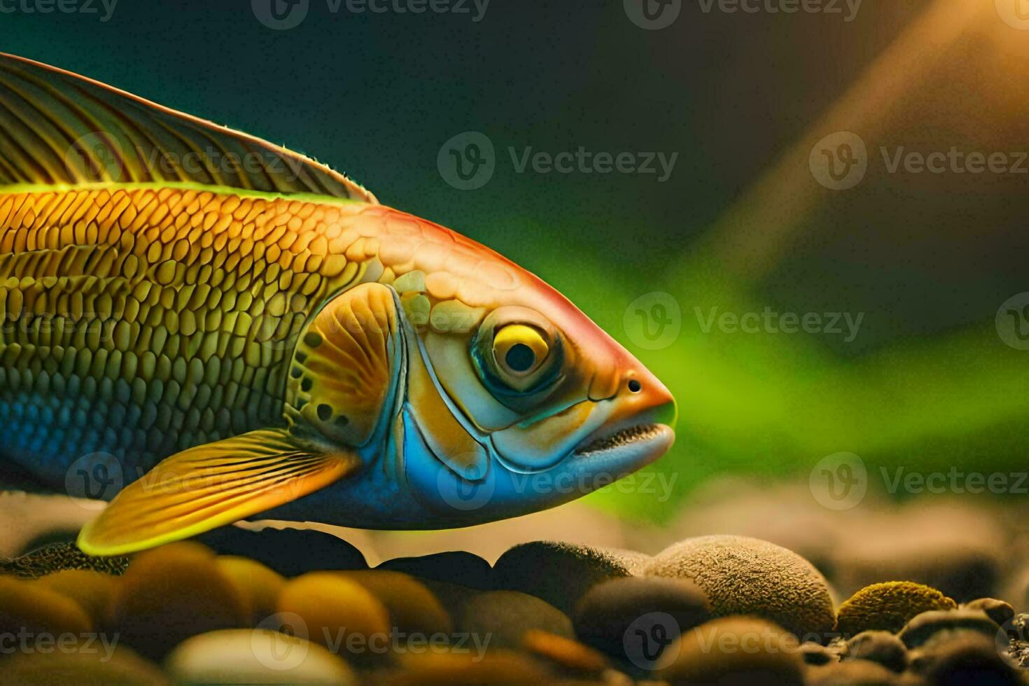 a fish is sitting on some rocks. AI-Generated photo