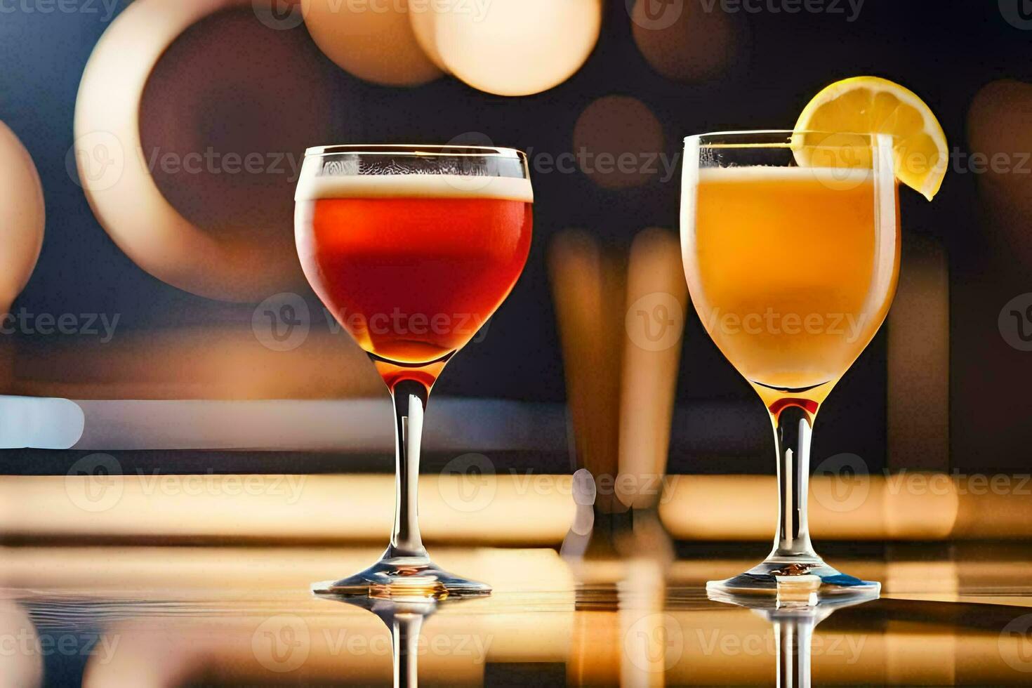 two glasses of different drinks sit on a table. AI-Generated photo
