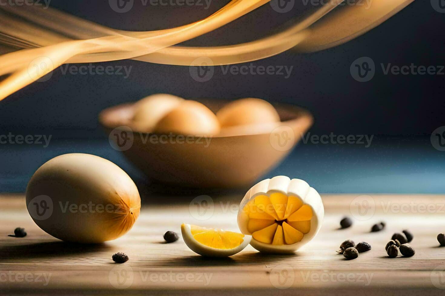 a bowl of eggs and a slice of orange. AI-Generated photo