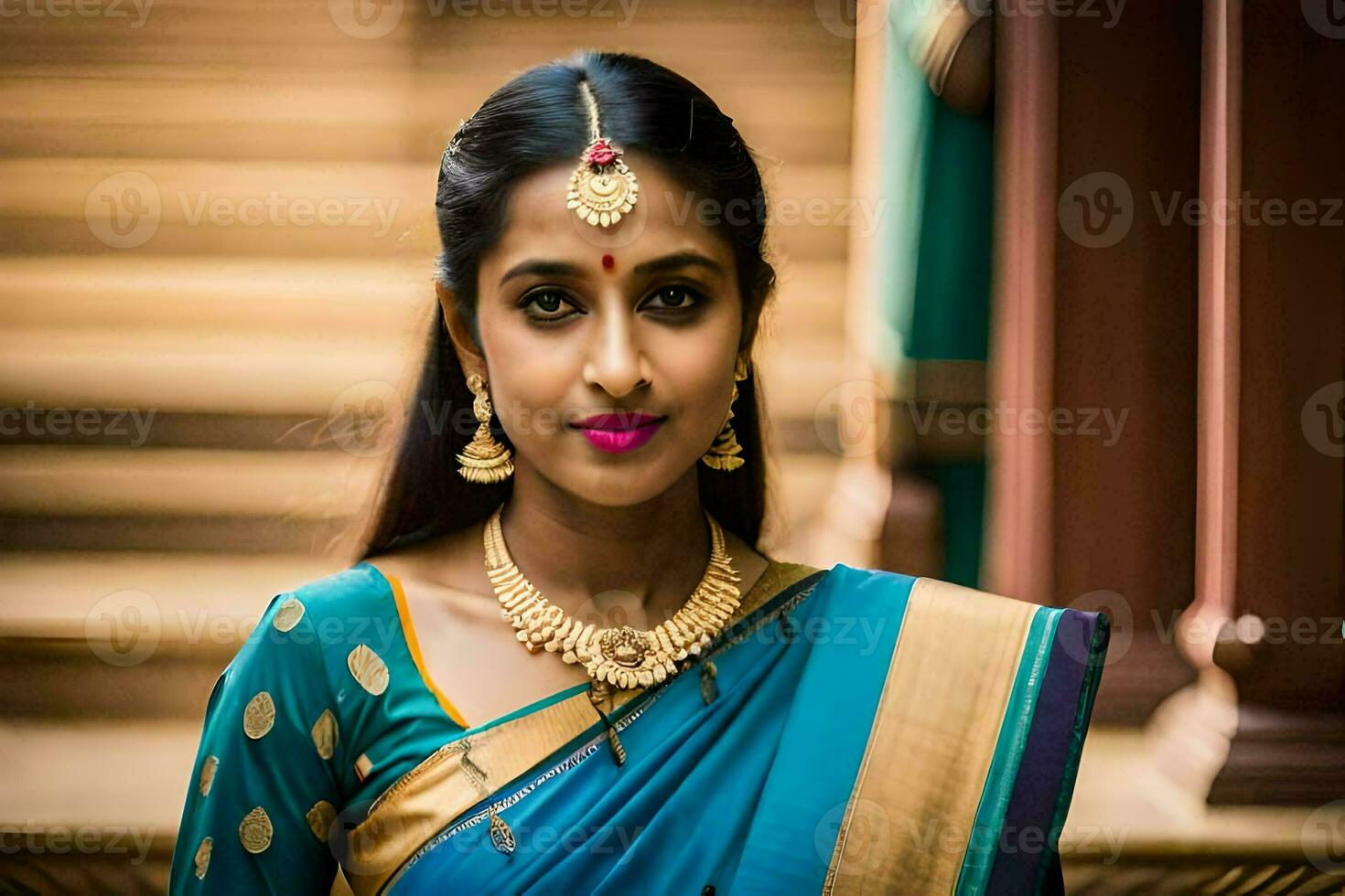 a beautiful woman in a blue sari with gold jewelry. AI-Generated photo