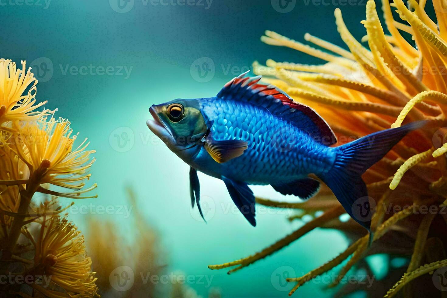 a blue fish is swimming in the ocean. AI-Generated photo