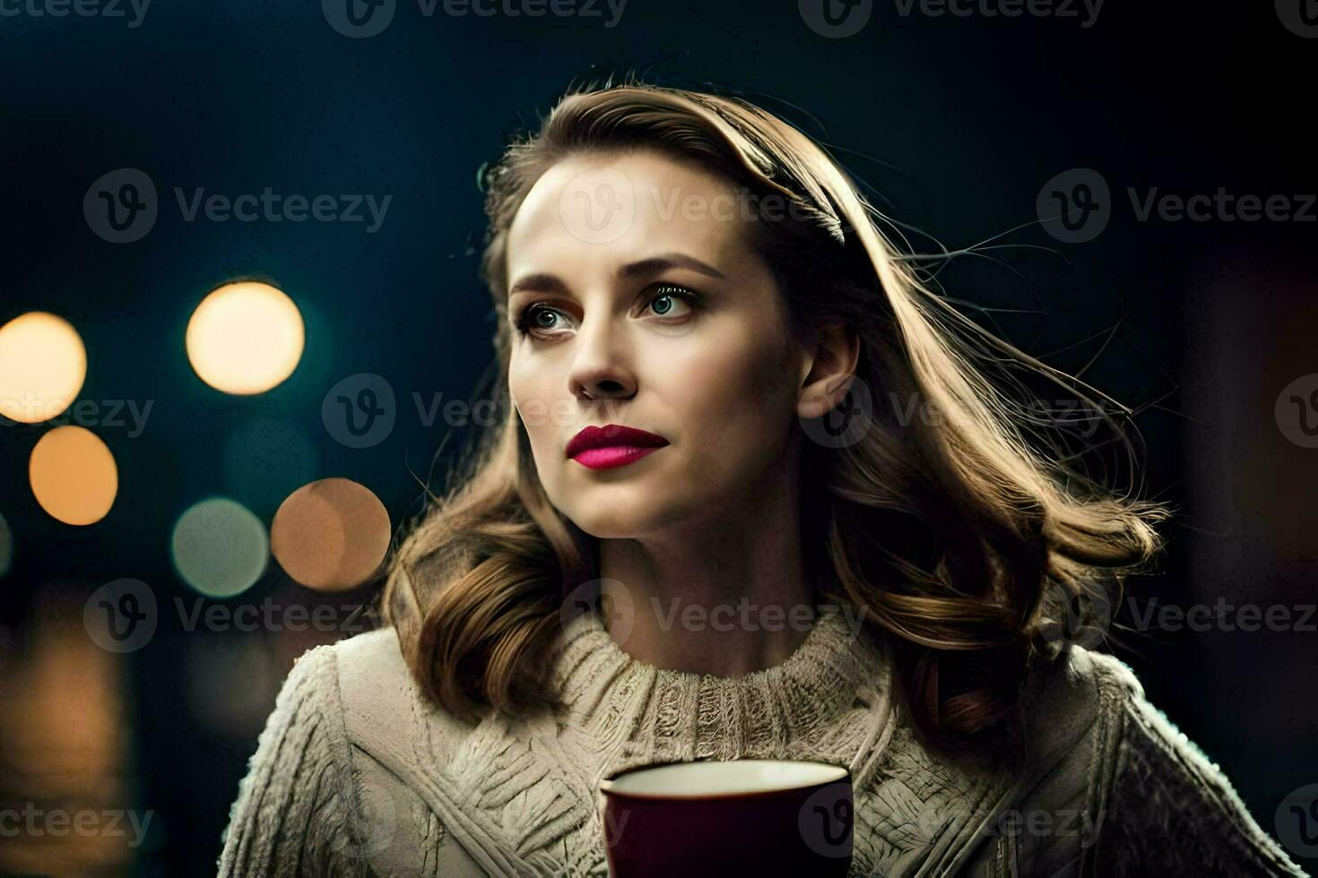 a woman in a sweater holding a cup of coffee. AI-Generated photo